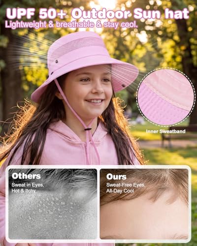 Century Star Kids Sun Hat with Ponytail Hole & Detachable Neck Flap UPF50+ Quick Dry Girls Bucket Hat for Outdoor Beach - color: Light Purple