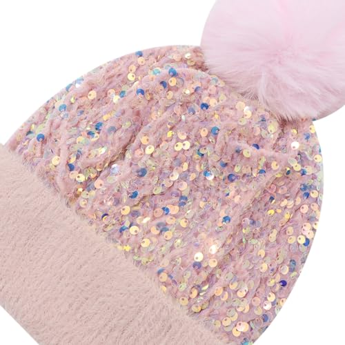 Women Sparkly Sequins Knitted Beanie Hat Warm Winter Skull Cap with Faux Fur Pom Pom - color: Light Pink