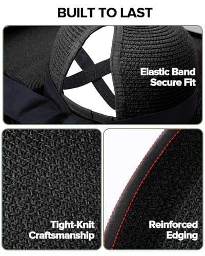 Sun Beach Hats for Women with Ponytail Hole, Floppy Wide Brim Beach Hat, Straw Summer Packable Sunhat Foldable Sun Protection - color: Black, size: Medium