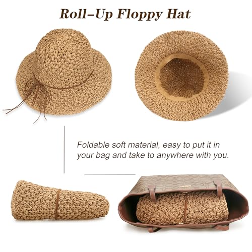 Women Wide Brim Sun Hat UPF50 Straw Summer Hat Floppy Beach Hat Roll-Up - color: Straw Hat Khaki