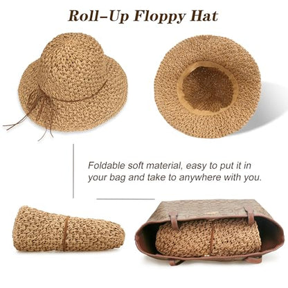Women Wide Brim Sun Hat UPF50 Straw Summer Hat Floppy Beach Hat Roll-Up - color: Straw Hat Khaki