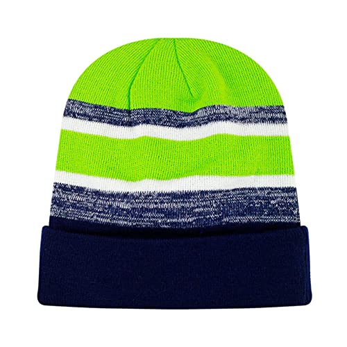 Winter Knit Beanie Hat with Pom Pom – Warm Cuffed Slouch Ski Cap for Men & Women - color: 2.navy and Lime