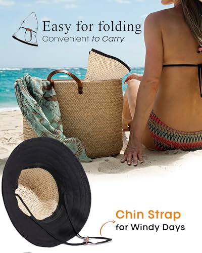 FURTALK Womens Hand-Woven Straw Sun Hat UPF 50+ Packable Summer Wide Brim Beach Linen Lining Bucket Hat with Chin Strap - color: Beige