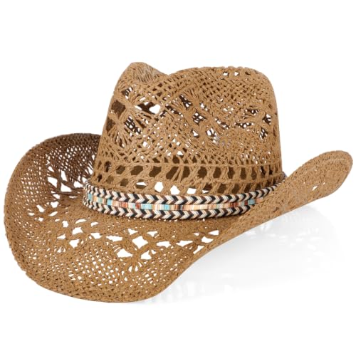 WQWOVRVO Cowboy Hat,Cowgirl Hat,Straw Cowboy Hats for Women/Men Wide with Shapeable Brim - color: Brown Color