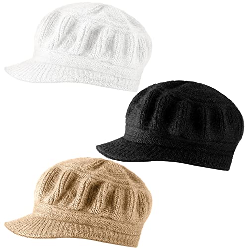Mepase 3 Pieces Women Warm Hat for Winter Slouchy Beanie Cap with Visor Knitted Newsboy Hats for Women Ski Snow - color: Black, White, Khaki