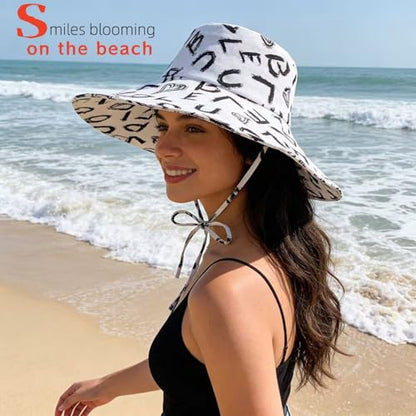 Women's Wide Brim Sun Hat Foldable Fisherman Hat Summer Hat for Beach Travel Outdoor Fashion Lightweight Packable Cap - color: Alphabet White