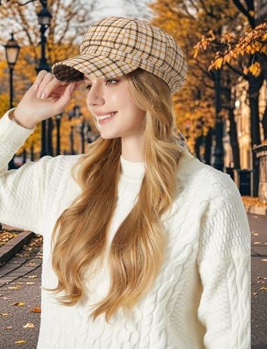 FEOYA Women Newsboy Hat Plaid Cabbie Caps Cotton Casual Stylish Beret Cap Paperboy Hats - color: Plaid-khaki