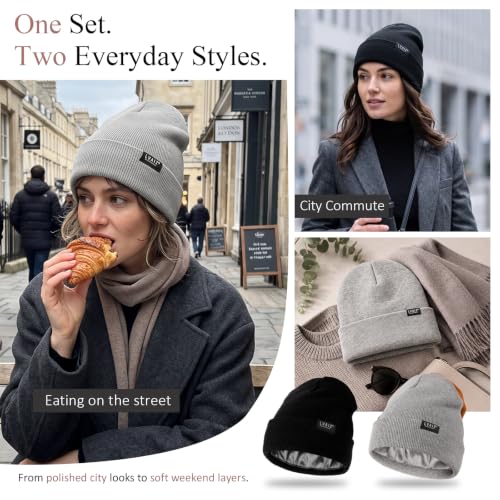 2 Pack Satin Lined Beanies for Men and Women Warm Cuffed Winter Hats - color: Black+light Grey