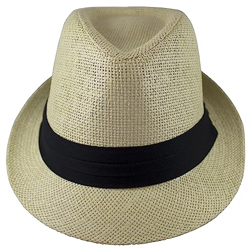 Gelante Summer Fedora Panama Straw Hats with Black Band - color: Beige, size: Large-X-Large