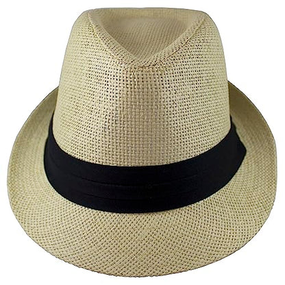 Gelante Summer Fedora Panama Straw Hats with Black Band - color: Beige, size: Large-X-Large