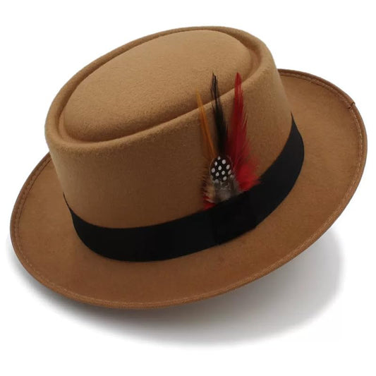 Classic Pork Pie Hat with Feathers Flat Top Fedora, Vintage Panama Hats, Warm Comfortable Jazz Cap - color: Camel