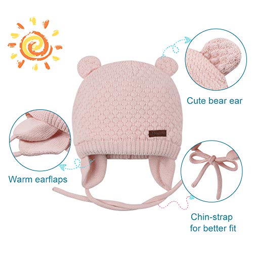 BAVST Baby Beanie Hat for Winter with Earfalp Cute Bear Kids Toddler Girls Boys Warm Knit Cap 0-2Years - color: Bear Ear 2-pink, size: 6-12 Months