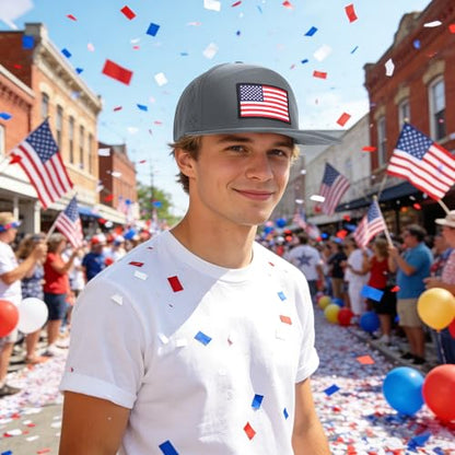 American Flag Baseball Cap, Flat Bill Brim Hat for Men Women, Patriotic Mesh Snapback Hats - color: Dark Grey