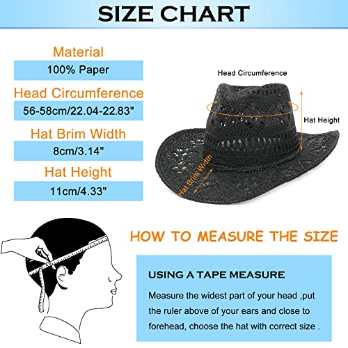 GEMVIE Men & Women's Summer Cowboy Cowgirl Straw Hat Hollow Out Style Roll Up Brim Cowboy Sun Hat - color: Black