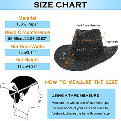 GEMVIE Men & Women's Summer Cowboy Cowgirl Straw Hat Hollow Out Style Roll Up Brim Cowboy Sun Hat - color: Black