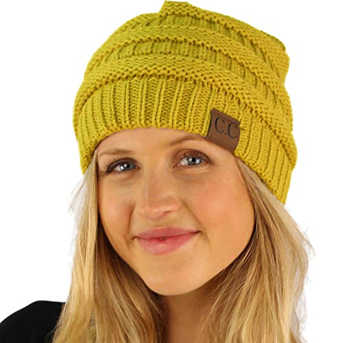 CC Classic Winter Fall Trendy Chunky Stretchy Cable Knit Beanie Hat - color: Solid Mustard