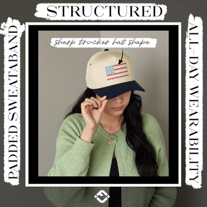 Funky Junque Adult Trucker Snapback Hat 2-Tone Baseball Cap - color: American Flag - Navy/Beige
