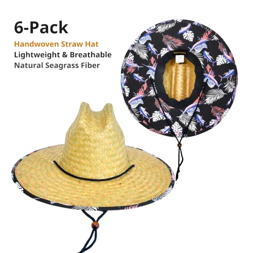 6 Pack Straw Hats – Bulk Wide Brim Lifeguard Sun Hats for Men & Women with Adjustable Chin Strap - color: Natural Straw With Black Fish Pattern Lining