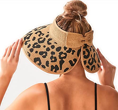 Women Sun Visors Wide Brim Foldable Packable Ponytail Beach Hat Straw Leopard Roll Up Bow Visor Sun Hats - color: Leopard