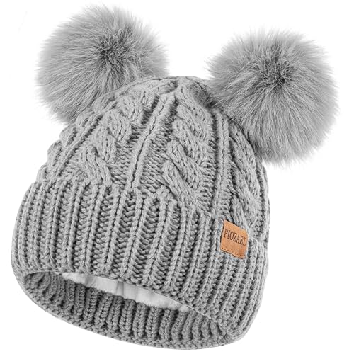 Women's Winter Hat Soft Knit Beanie with Faux Fur Pom Hat with Warm Fleece Lining Skull Cap for Women - color: Grey