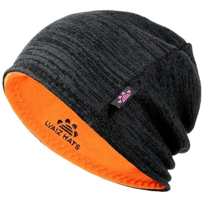 Lvaiz Winter Fleece Lined Beanie Hat for Men Women Reversible Skull Cap - color: Black+orange