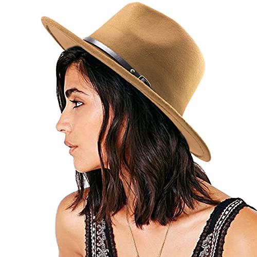 DRESHOW Women Classic Felt Fedora Wide Brim Floppy with Belt Buckle Panama Hat - color: 1 Pack Fedora Hat: Khaki