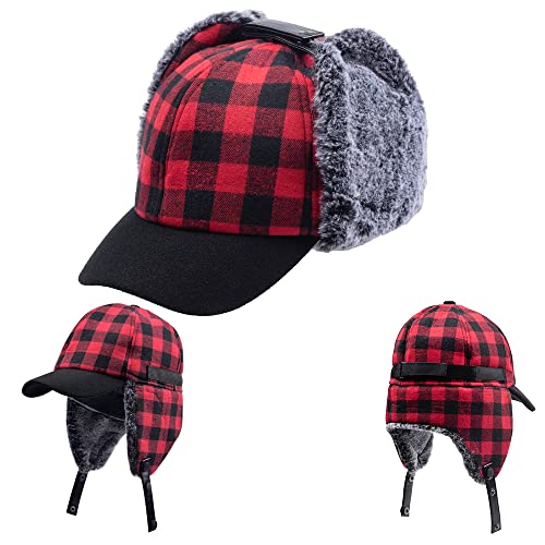 Winter Buffalo Plaid Trapper Hat Hunting hat Sherpa Ear Flaps Hunter Cap Black and Red