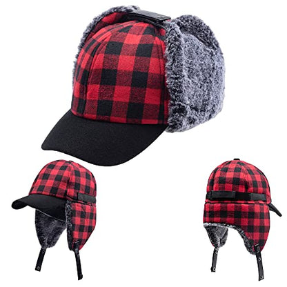 Winter Buffalo Plaid Trapper Hat Hunting hat Sherpa Ear Flaps Hunter Cap Black and Red
