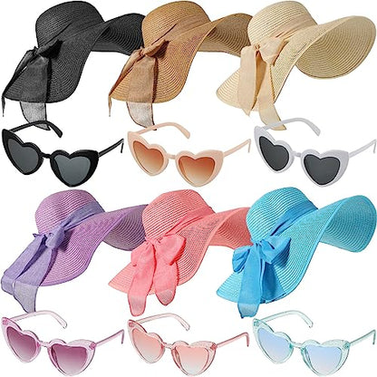 Jeyiour 12 Pcs Women Floppy Sun Hat and Heart Sunglasses Set, Wide Brim Straw Hats with Bow, Tea Party & Beach Pool Favors - color: Multicolor, style: Glitter
