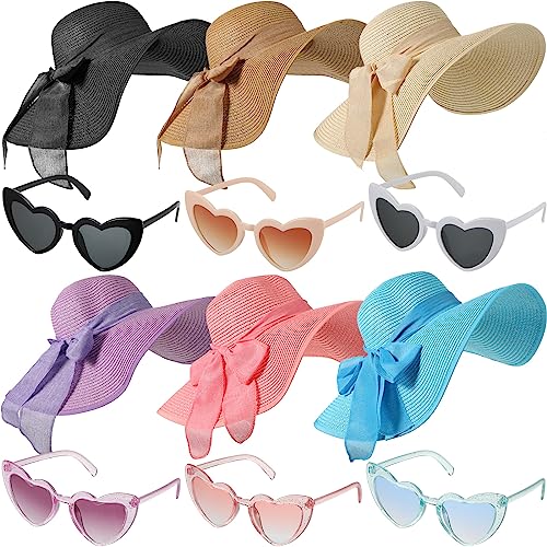 Jeyiour 12 Pcs Women Floppy Sun Hat and Heart Sunglasses Set, Wide Brim Straw Hats with Bow, Tea Party & Beach Pool Favors - color: Multicolor, style: Glitter