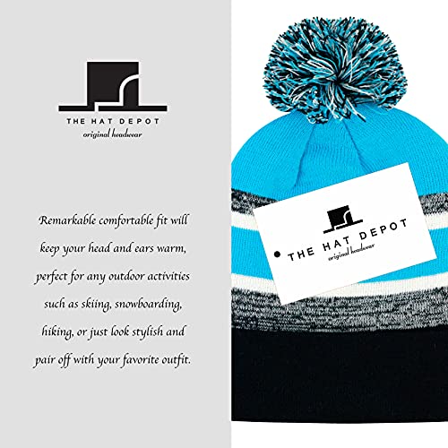 Winter Knit Beanie Hat with Pom Pom – Warm Cuffed Slouch Ski Cap for Men & Women - color: 1.black and Turquoise With Pom