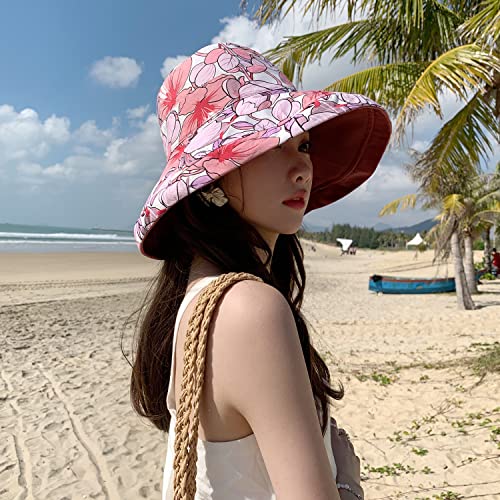 HUAMULAN Wide Brim Women Summer Sun Floppy Hat Reversible Beach Bucket Hat - color: M1744-jiuhong