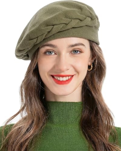 ZLYC Women French Beret Hat Reversible Solid Color Knit Warm Artist Cap - color: Solid Color Middle Green Yellow