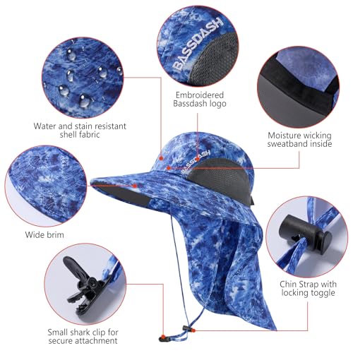 BASSDASH UPF 50+ Unisex Water Resistant Wide Brim Sun Hat with Large Neck Flap Ponytail Fishing Hat for Men Women - color: Blue Camo
