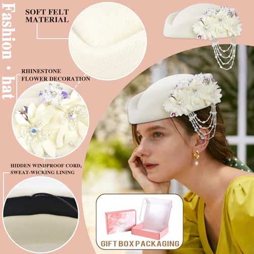 Women's Retro Stewardess Felt Hat, British Berets, Rhinestone Flower Decor, Ladies' Church Derby Hat - color: Tassel Style-white