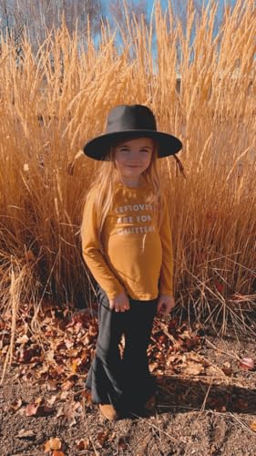 Kids Flat Brim Hat, Girls Wide Brim Felt Fedora Cap, Boho Western Cowgirl hat Fringe Hatband, Boys Panama hat Wool Style - color: Black