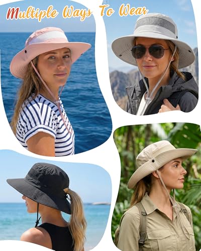Women's Sun Hat Sun Protection Wide Brim Bucket with Ponytail Hole Summer - color: Black