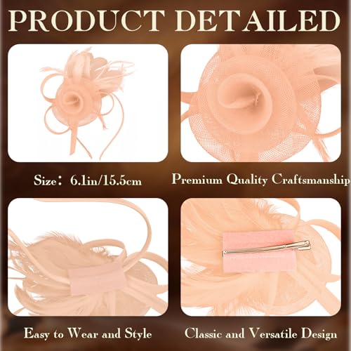 AMCAMI Fascinators Hats with Feather for Women 2026 Derby Hats Small Tea Party Hat with Headband - color: Champagne-3