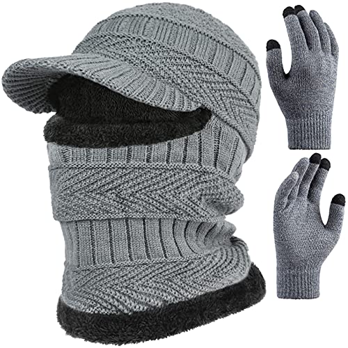 2Pcs Winter Knit Beanie Balaclava Hat Anti-Slip Touch Screen Mittens Set Thermal Ski Mask Cap Unisex for Womens Mens - color: Grey