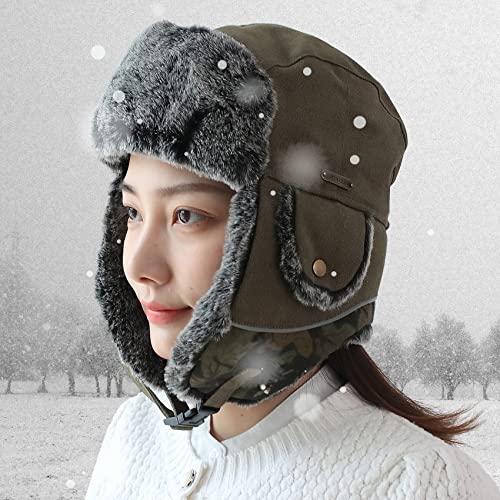 Unisex Winter Trapper Hat Cold Proof Keep Warm Hat with Ear Flaps for Hunting Skiing Trooper Winter Outdoor Activities - color: Army Green, size: Medium-Large