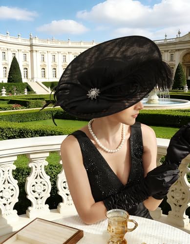 Unpifolov Fascinators Hats Elegant Women Flower Mesh Feathers Wedding Cocktail Bride Headband for Derby Hat Tea Party - color: Black