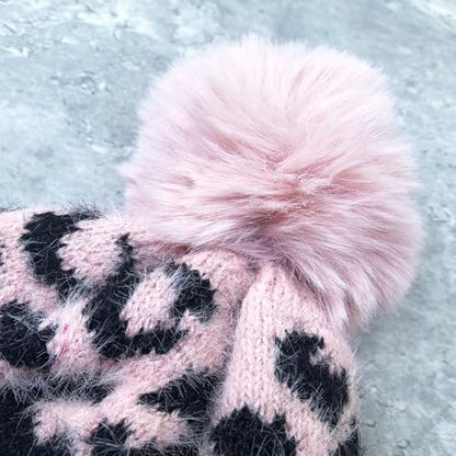 Unisex Adult Fuzzy Leopard Print Hat Cuffed Knitted Winter Warm Beanie with Faux Fur Pompom - color: Black