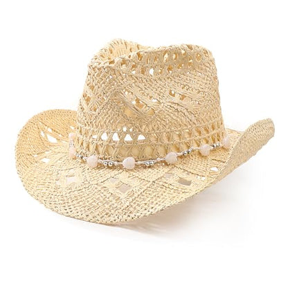 AQOKKA Straw Cowboy Hats for Women Men Western Cowgirl Hats with Shapeable Brim Woven Hollow Out Unisex Beach Roll Up Caps - color: Cowboy Hat : Beige