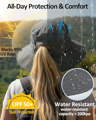 Womens Sun Hat Ponytail Packable UPF 50+ Waterproof Bucket Hat with Ponytail Hole for Beach Hiking Travel - color: Dark Grey