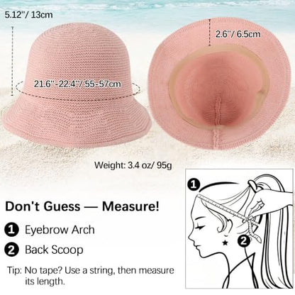 Babalet Summer Straw Beach Sun Hats for Women Packable Floppy Bucket Hat - color: Pink