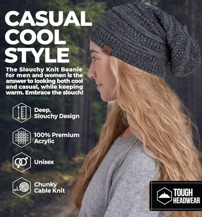 Tough Headwear Slouchy Oversized Beanie Hat - Warm Winter Hats for Women - Stretch Fit Mens Beanie - color: Black Gray