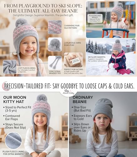 Moon Kitty Girls Knit Hats Winter Fleece Lining Skiing Winter Caps with Warm Ear Flap - color: Gray+pink, size: 6-10 Years