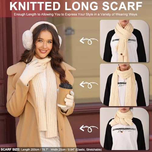 HEEKPEK Winter Beanie Hats Scarf Gloves Ear Muffs Fuzzy Socks 5pcs Set for Women Cold Weather Beanies Touch Screen Gloves - color: Khaki