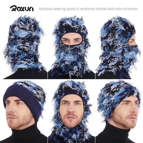 ROXUN Distressed Ski Mask Balaclava, Yeat Shiesty Fluffy Knitted Full Face - color: 01- Navy Mixed