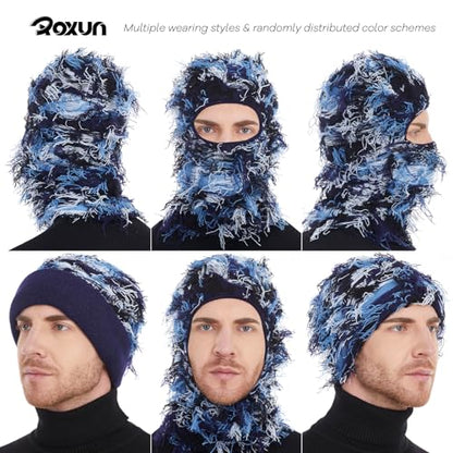 ROXUN Distressed Ski Mask Balaclava, Yeat Shiesty Fluffy Knitted Full Face - color: 01- Navy Mixed